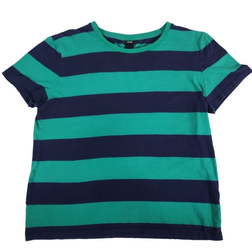 H M Striped T Shirt Green‎ Navy Blue Crew Neck Short Sleeve Women Medium